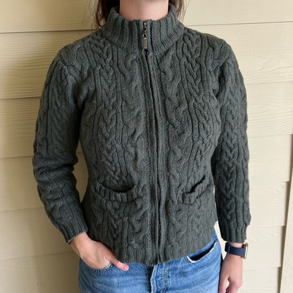 Vintage Inis Crafts 100% Merino Wool Cable Knit Full Zip Sweater - Green - S - Picture 9 of 10